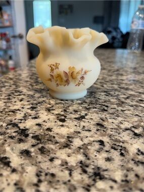 Fenton Cream Ruffled Glass Vase with Floral Motif